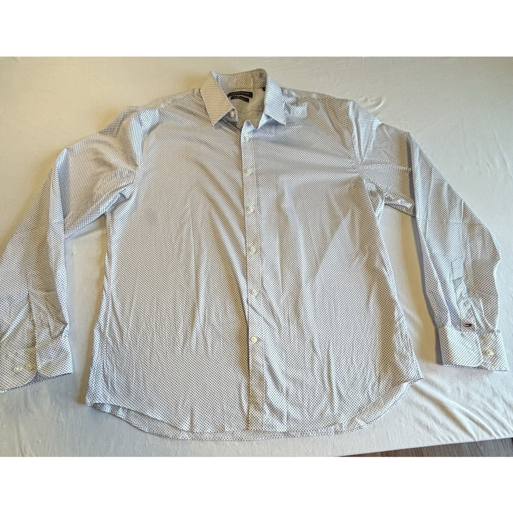 Tommy‎ Hilfiger TH Flex Slim Fit Stretch Dress Shirt XL 17.5 Blue Dot